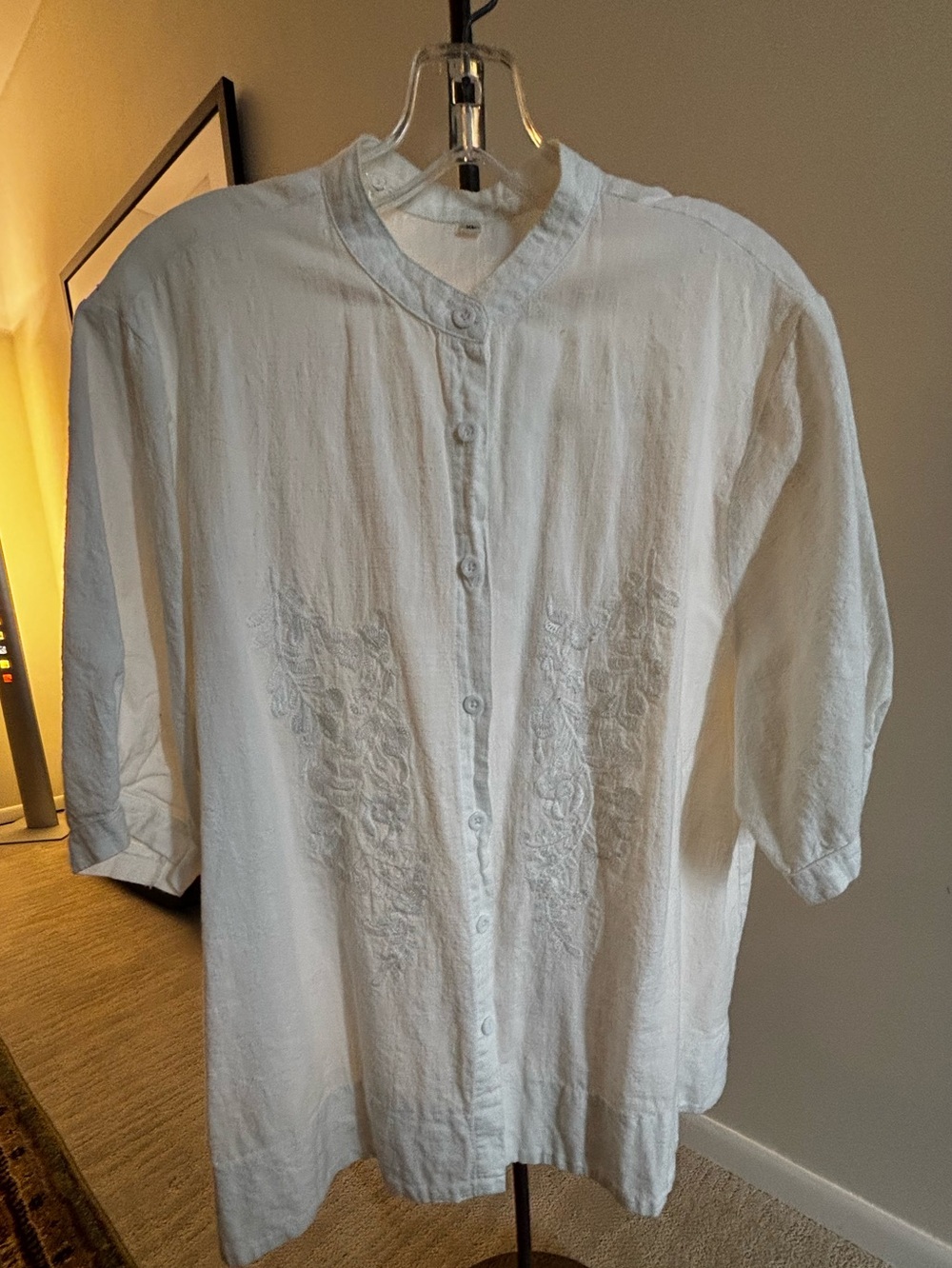 White Linen Embroidered Button-Front Blouse